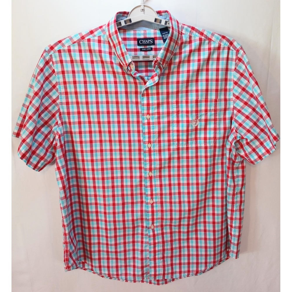 Chaps Easy Care Men's Button Down Shirt, 2XB, Red White Blue Plaid